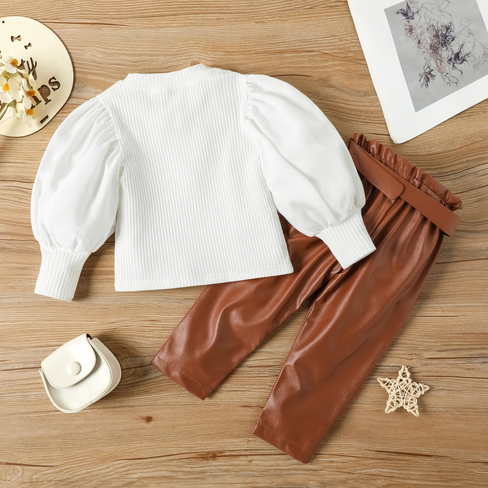 2pcs Baby Girl Ribbed Puff-sleeve Top and Textured Cami Dress Set