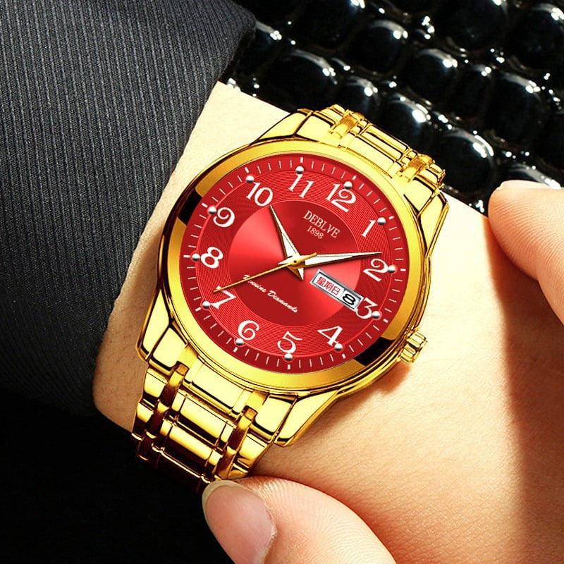 Men's watch with digital luminous display, dual calendar, alloy solid quartz watch, steel strap, waterproof, fashionable non-mechanical wristwatch for men