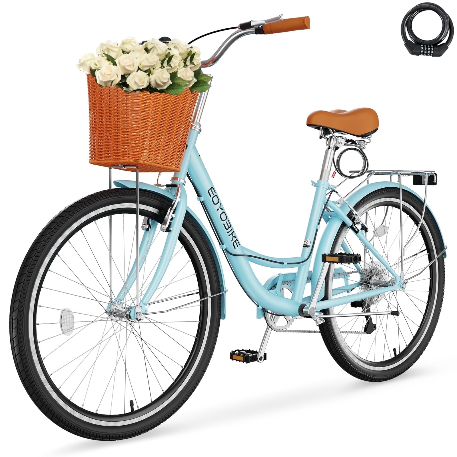 Lilypelle 24/26inch Beach Cruiser Bicycle for Women, 7 Speed Step Through Adult Commute Bike with Basket & Rack，Cyan