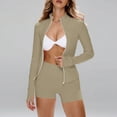 thumbnail image 4 of Domuza Women's 2 Piece Tracksuit Sets Long Sleeve Zip Up Tops and Shorts Casual Solid Color Yoga Suit Set Workout Oufit Jogger Loungewear Set Khaki L, 4 of 7