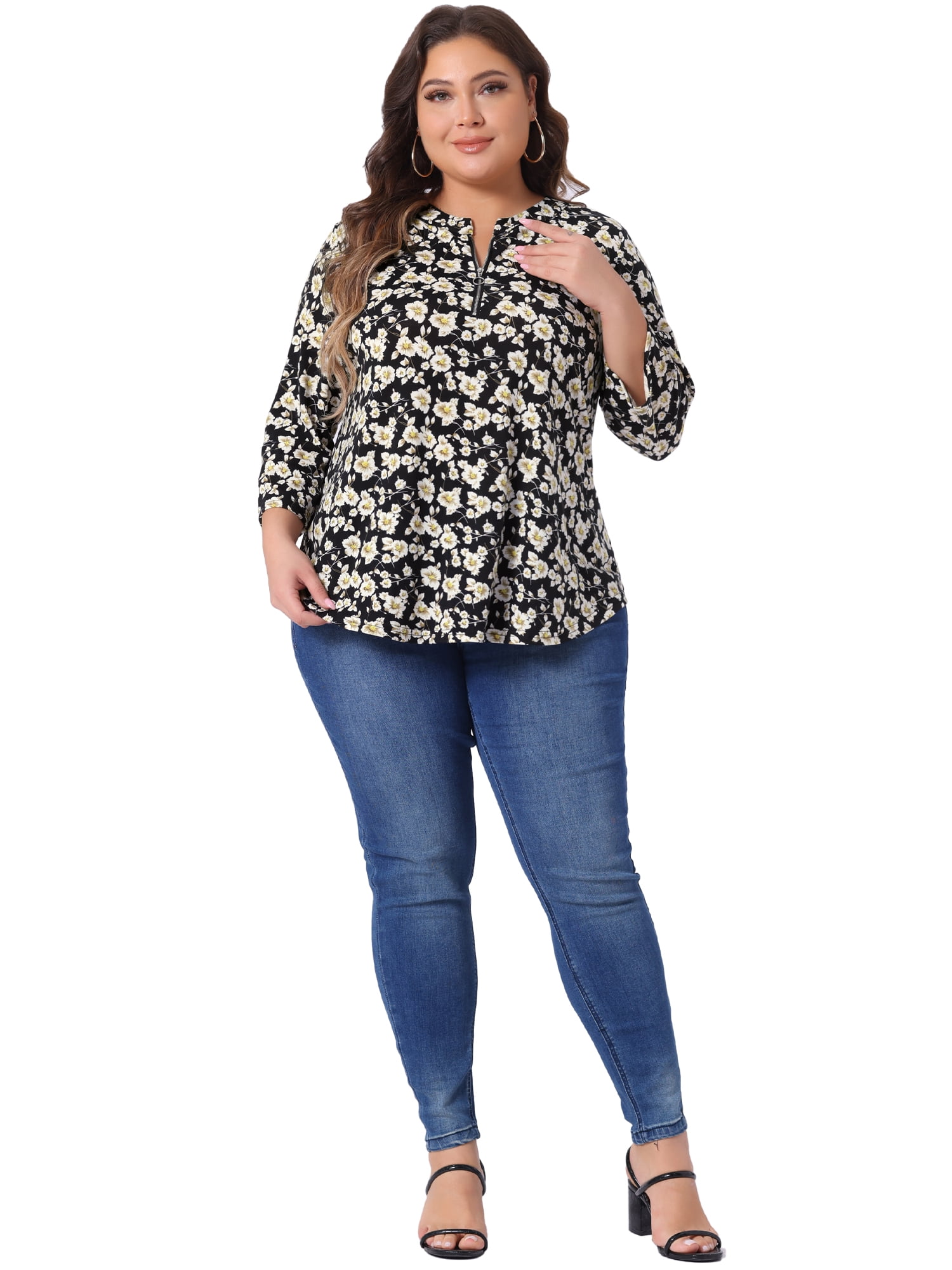 DARING DIVA Women' Plus Size 3/4 Sleeve Zip Up Floral Print V Neck Blouse 4X Black