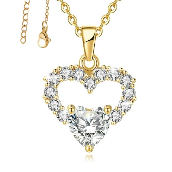 Atobao 18K Gold Plated Heart Necklace, Cubic Zirconia Diamond Jewelry for Women, Dainty Heart Pendant 925 Sterling Silver Chain Wedding Necklace Party
