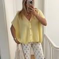 thumbnail image 2 of Womens Summer Oversized Short Sleeve Button V Neck Casual Knit Sweater Tops Yellow XXL, 2 of 6