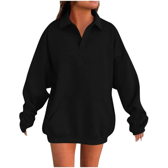 ZyeKqe Womens Sweatshirts Casual Fleece Lined Turn-Down Collar Long Sleeve Fall Dressy Solid Pullover Tops with Pockets