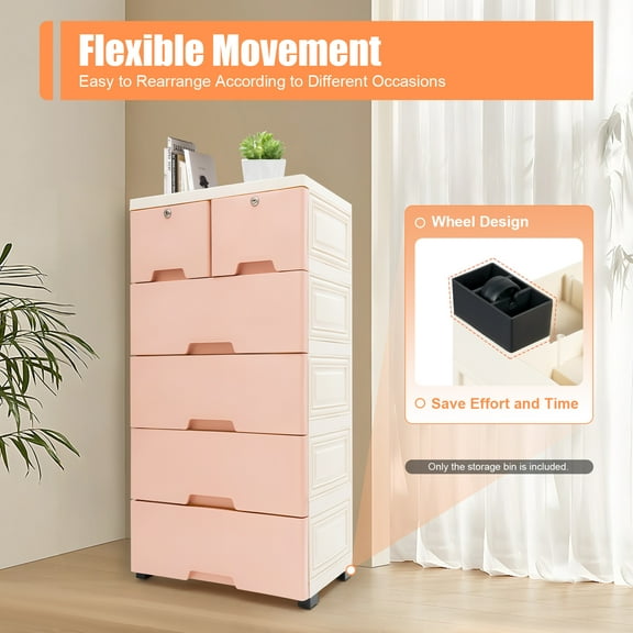 6-Drawer Plastic Storage Cabinet with Lockable Top Drawers, Portable Dresser Organizer for Bedroom, Nursery, or Playroom