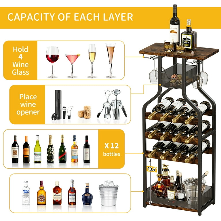 WhizMax Metal Wine Rack Wine Bottle Holders Stands Freestanding Floor Bar Cabine for Bar Kitchen Dining Living Room Small Spaces Rustic Brown