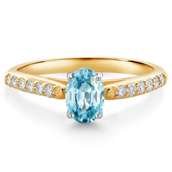 Gem Stone King 10K Two Tone Gold Blue Zircon and White Lab Grown Diamond Engagement Ring for Women (1.43 Cttw, Gemstone, Oval 7X5MM, Size 8)