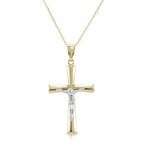 Tilo Jewelry 14K Two-Tone Gold Crucifix Cross Christian Pendant Charm Necklace for Women, Men, Unisex | 18 Inch Cable Chain