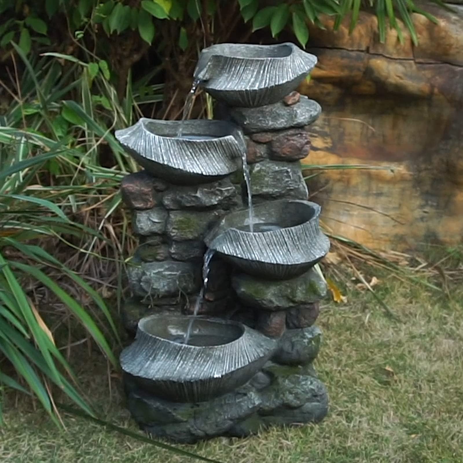 A&B Home 4-Tier Cascading Rock Bowl Water Fountain Outdoor with Lights, 32" in Tall