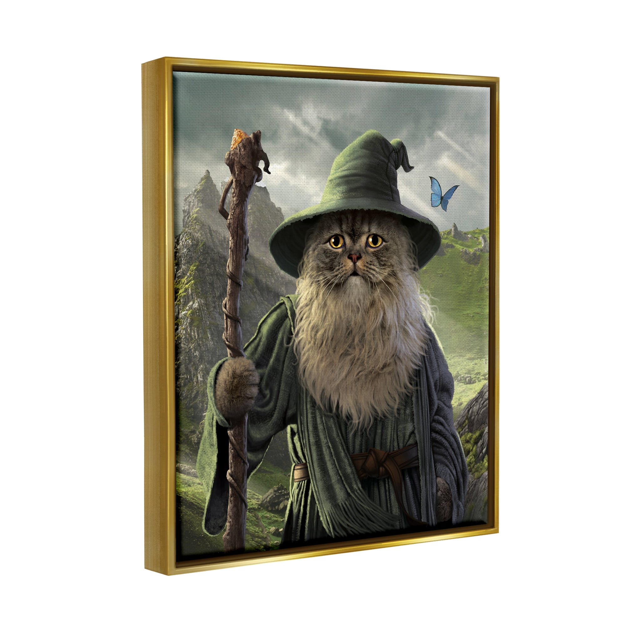 Stupell Industries Fantasy Wizard Cat Animals & Insects Painting Gold Floater Framed Canvas Art Print Wall Art, 17 x 21