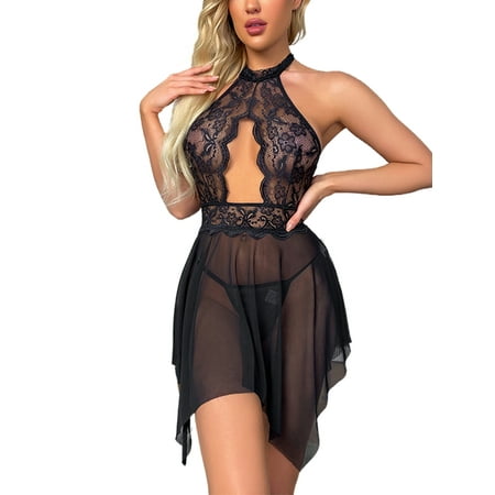 

Glonme Ladies Nightwear Lace Babydoll Lingerie Floral Chemise Boudoir Nighty Mini Sleepwear Sexy Halter Neck Black M