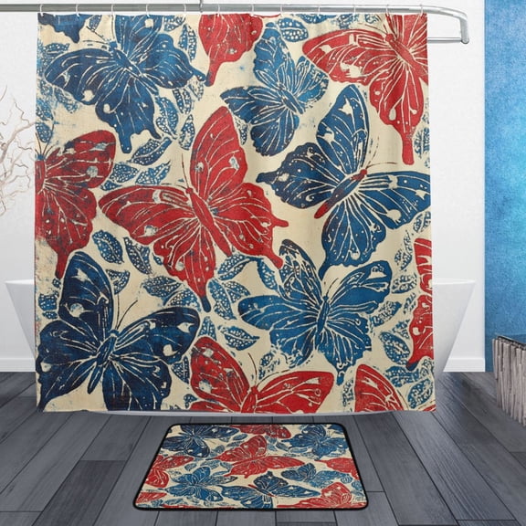 BZSMCE Shower Curtain and Bath Accessory Set,Red and Blue Butterflies Pattern