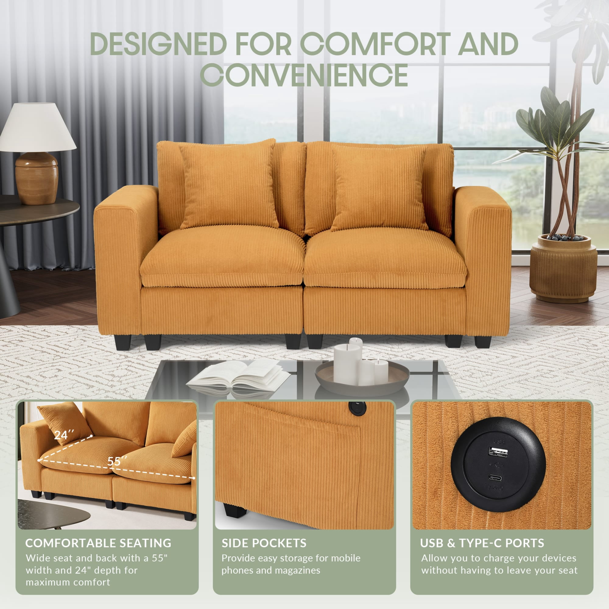 WestinTrends Hearthside 70" Modular Corduroy Loveseat Sofa With USB/Type-C Ports and Side Pockets, Mustard