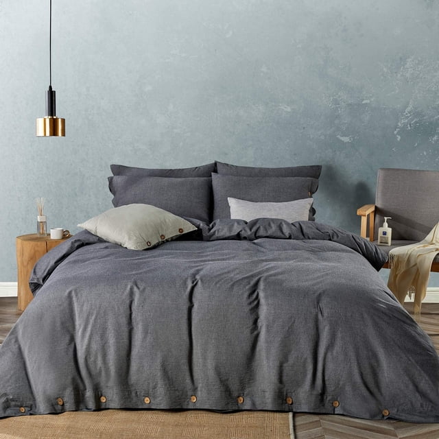 Cotton Duvet Cover Queen Size Pinstriped Comforter Cover with Button Washed Cotton Breathable Soft Solid Bedding Set Duvet Cover ×in & Pillowcases (NO Comforter)