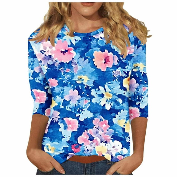 CYMMPU 3/4 Sleeve Blouses for Women Dressy Casual Crew Neck Spring Tops Loose Fit Floral Printed Summer Fashion Shirts Tunic Tops Lightweight Basic T-Shirts Multicolor XXXL