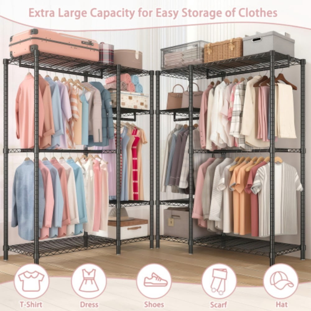 Heavy Duty Clothes Rack, Freestanding Closet Organizer with 6 Adjustable Wire Shelves & 3 Clothes Rails, Portable Metal Clothing Rack, Black