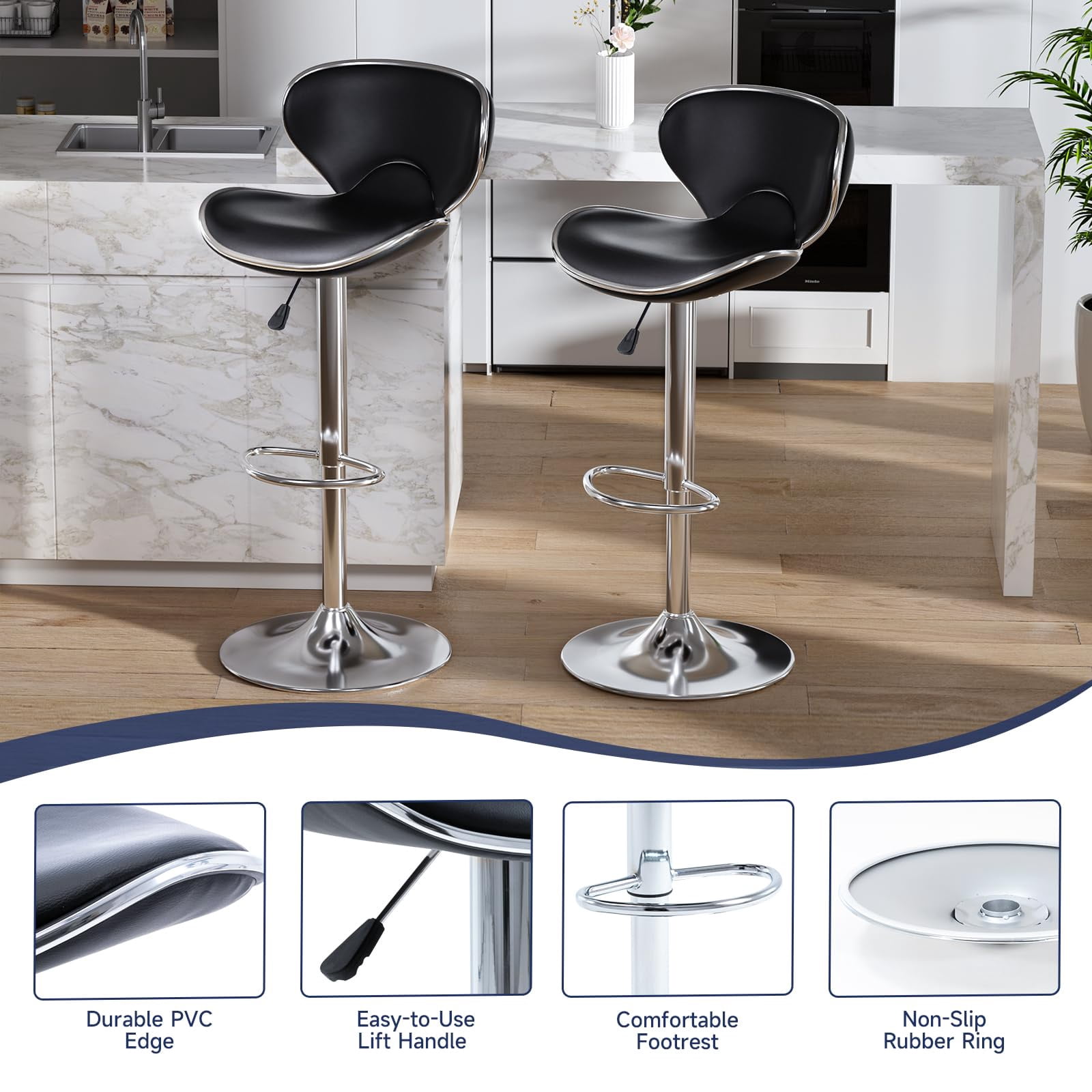 Adjustable Swivel Bar Stools Set of 2 , Modern PU Leather Upholstered Bar Chairs with Chrome Base for Kitchen Island, Dining Room, Pub, Counter (Black,Silver Base)