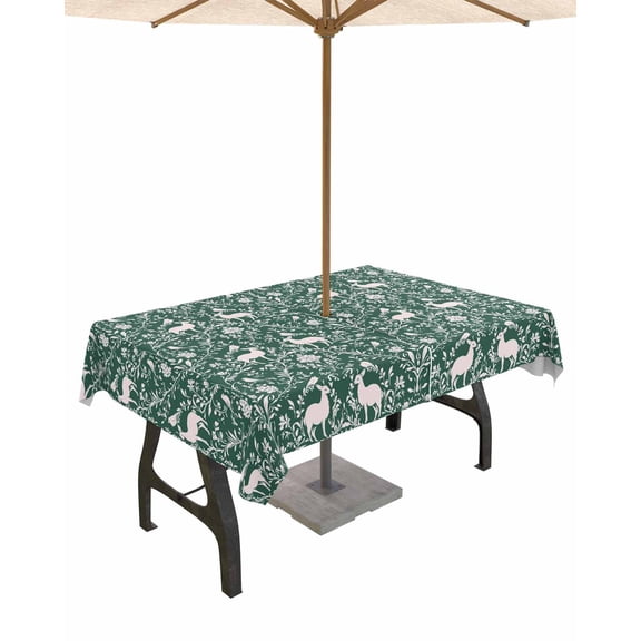 Boanket Outdoor Tablecloth with Umbrella Hole for Patio/Picnic/Party/Camping, Green Flower Deer Waterproof Table Cloth Rectangle Table Cover Washable, Retro Animal Tree Branch Leaf Plant (54"x 80")