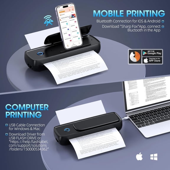 Inkless Portable Wireless Printer for Travel, Thermal Paper Support A4&A5 US Letter Legal, USB Compatible with iOS Android Laptop, Lightweight Printer for Home Office School