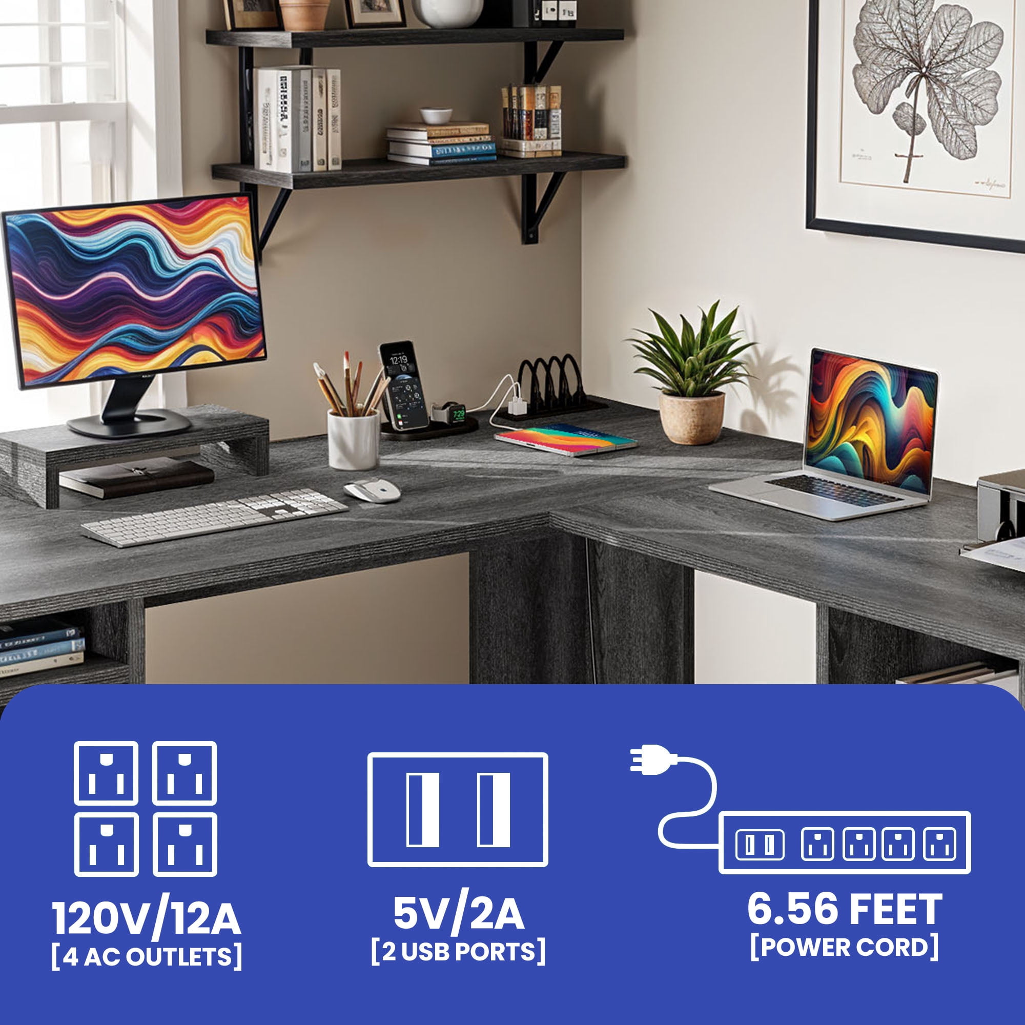 ModFusion 59 Inch L Shaped Corner Computer Desk with Power Outlets & USB Ports, Office Desk with File Drawer, Monitor Stand & Storage Shelves, Rustic Gray