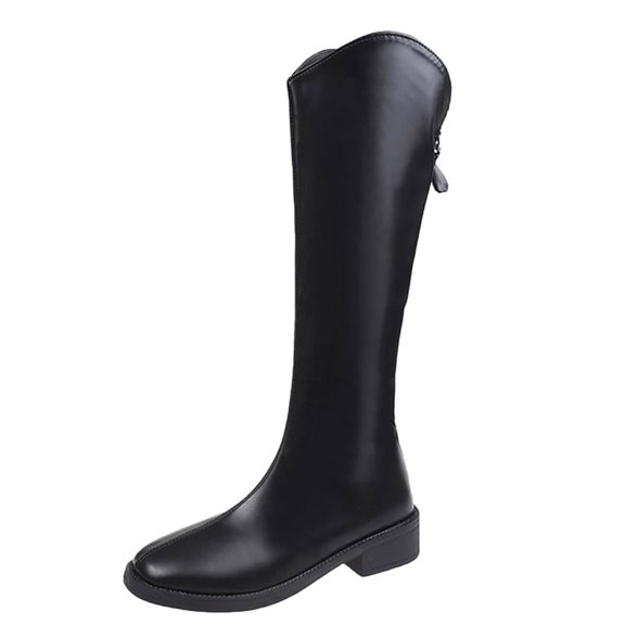DeHolifer Women's Knee-High Boots Faux Leather Elastic Boots Low Heel Square Toe,Side Zipper Tall Boots