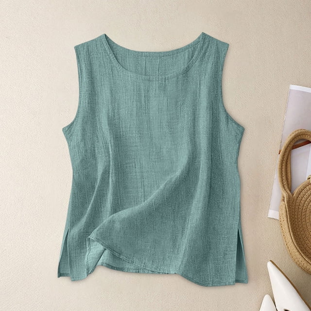 Craaazy Débardeur Femme Uni Effet Lin Col Rond Sans Manches Fente Latérale Blouse Décontractée pour l'Été Cadeaux