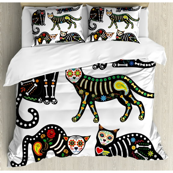 Sugar Skull Decor Queen Size Duvet Cover Set, Calavera Ornate Black Cats in Mexican Style Holiday the Day of the Dead, Decorative 3 Piece Bedding Set with 2 Pillow Shams, Multicolor, by Ambesonne
