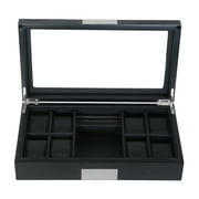 8 Ebony Black Wood Watch Box Display Cufflink Case Storage Jewelry Organizer with Glass Top, Stainless Steel Accents