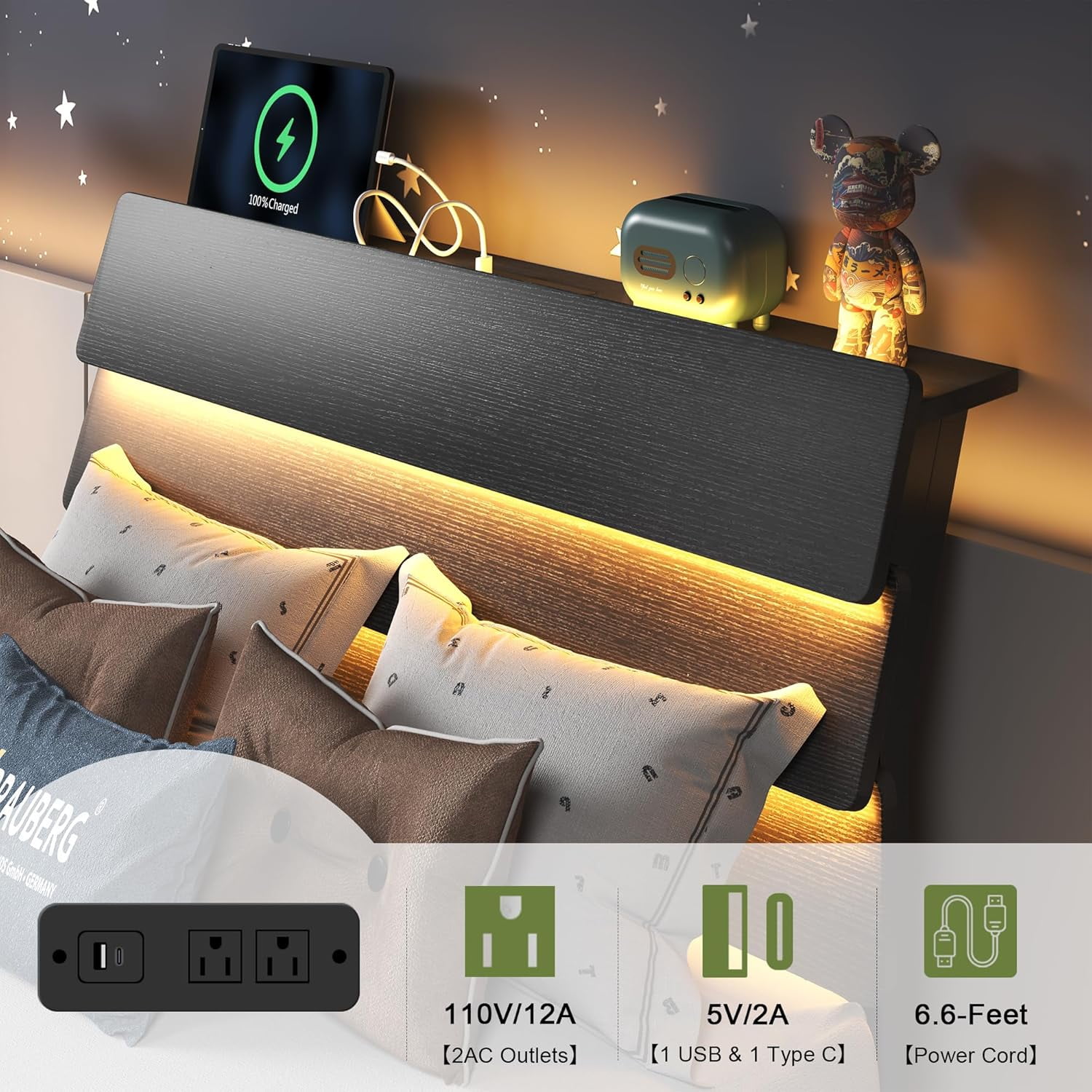 Honfach Floating twin Size Bed Frame with LED Lights & Charging Station, Platform Bed with Wooden Storage Headboard, Black.