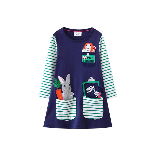 Vestido de primavera y otoño para niñas, estilo europeo y americano, vestido de manga larga para niñas, vestido de princesa de algodón tejido con dibujos animados para niñas