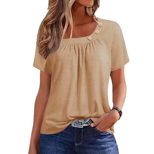 Daeful T-shirt Square Neck Summer Tops Solid Color T Shirt Ladies