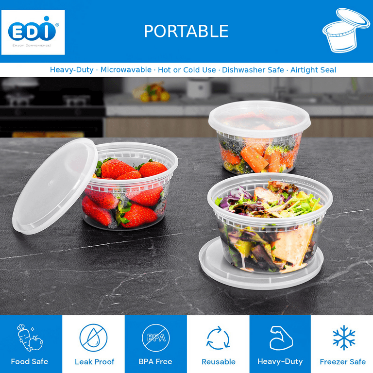 Elegant Disposables 12 OZ - 24 Sets Plastic Deli Food Storage Containers  with Airtight Flexible Lids Microwavable, Leak Free, Washable, Freezer Safe.