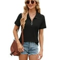 thumbnail image 2 of Women'S Short Sleeve Top 2025 Summer Elegant V Neck Zipper Collared Work Shirts Dressy Blouses Black S, 2 of 9