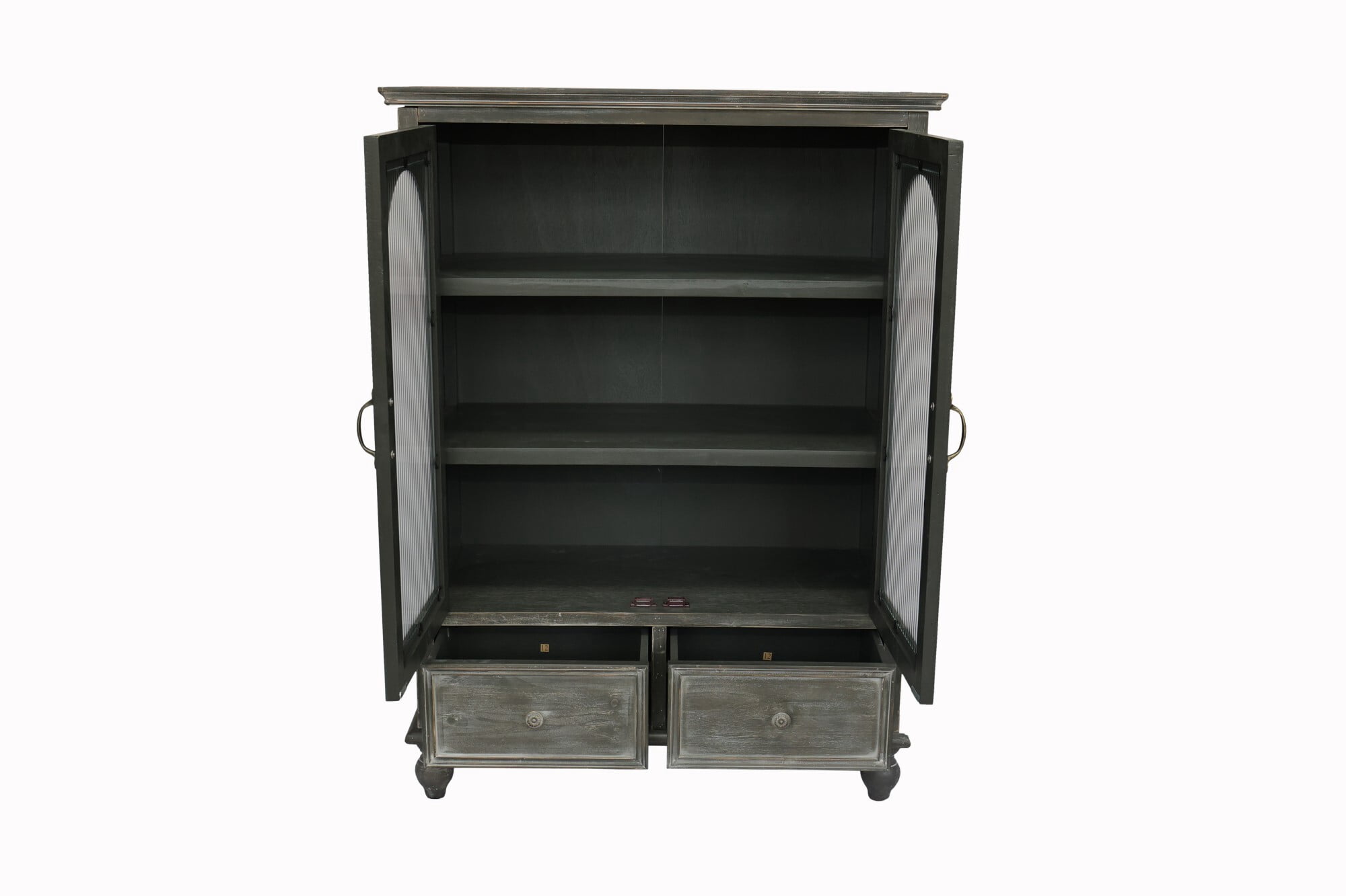 AENKYO 48" Farmhouse Storage Cabinet, Wood Kitchen Pantry with Arched Fluted Glass Doors & 2 Drawers, Gray