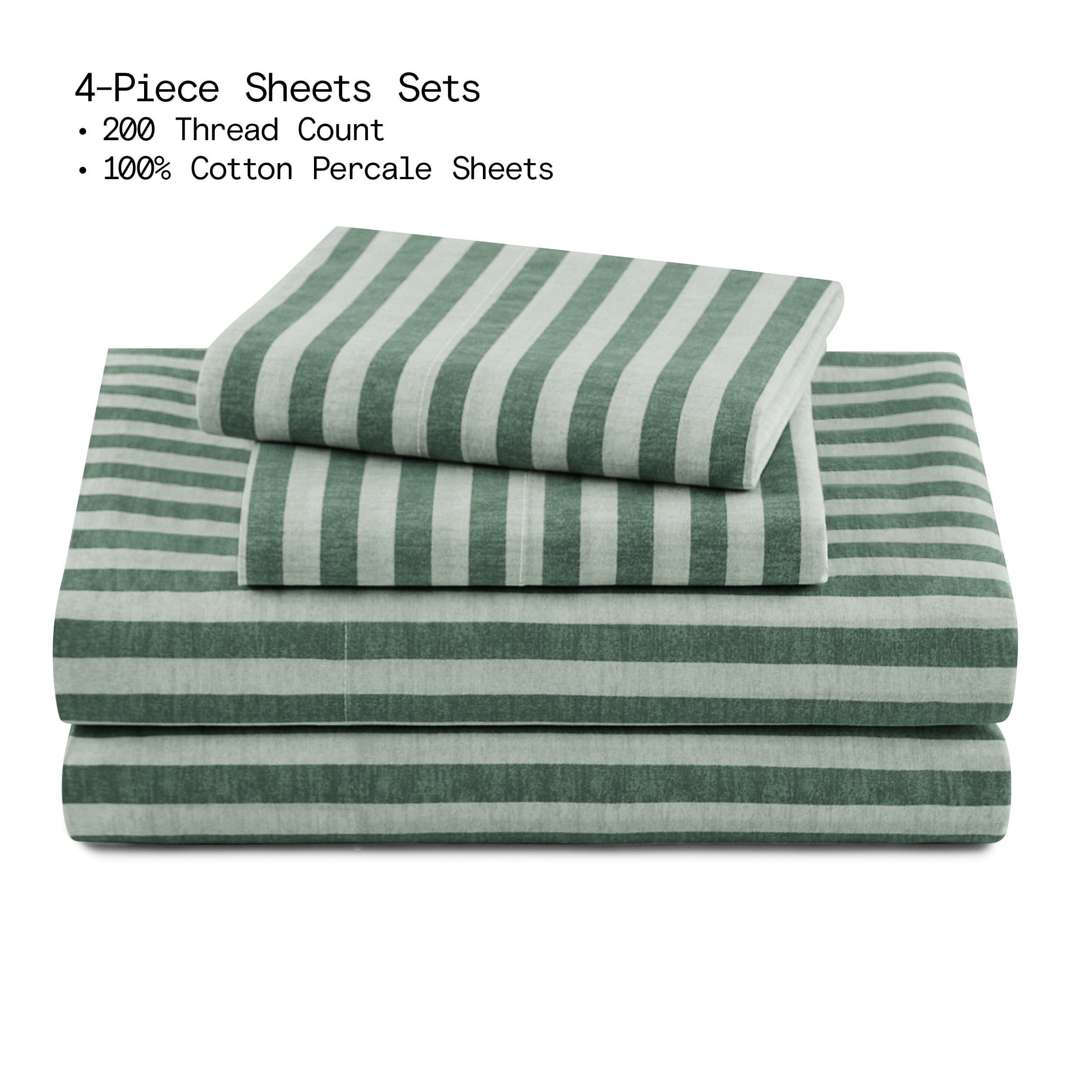 Beautiful Striped 4-Piece 100% Cotton Percale Sage Green Sheet Set, Full by Drew Barrymore