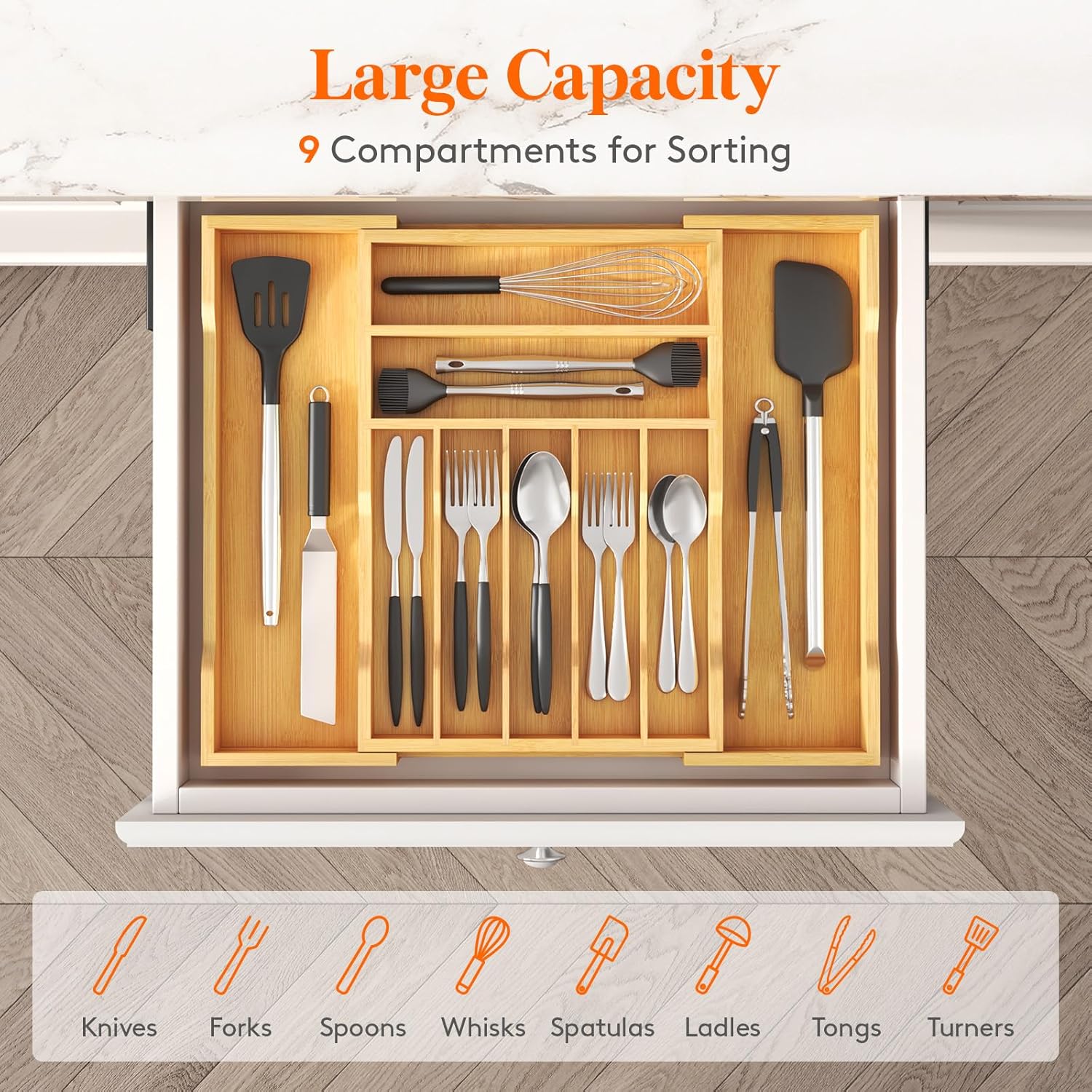 ACCL Expandable Bamboo Silverware Organizer, Adjustable Drawer Organizer 13.2"–20.5", Non-Slip Locking Clips, 9-Compartment Kitchen Utensil Tray