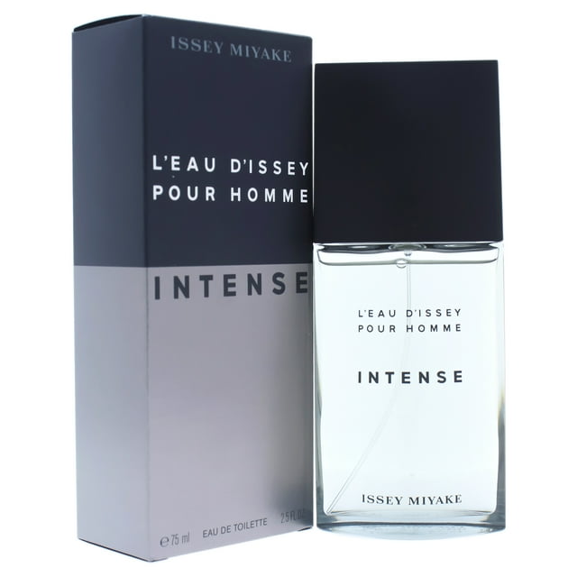 issey miyake aerosol edt leau dissey intense 2.5 oz issey miyake issey miyake aerosol edt 2.5 oz Frasco rectangular de vidrio transparente con tapa negra mate y etiqueta frontal "L'EAU D'ISSEY POUR HOMME INTENSE" junto a su caja gris y negra, vista frontal en estudio; fragancia amaderada indicada en la ficha técnica; tamaño compacto adecuado para viajes.