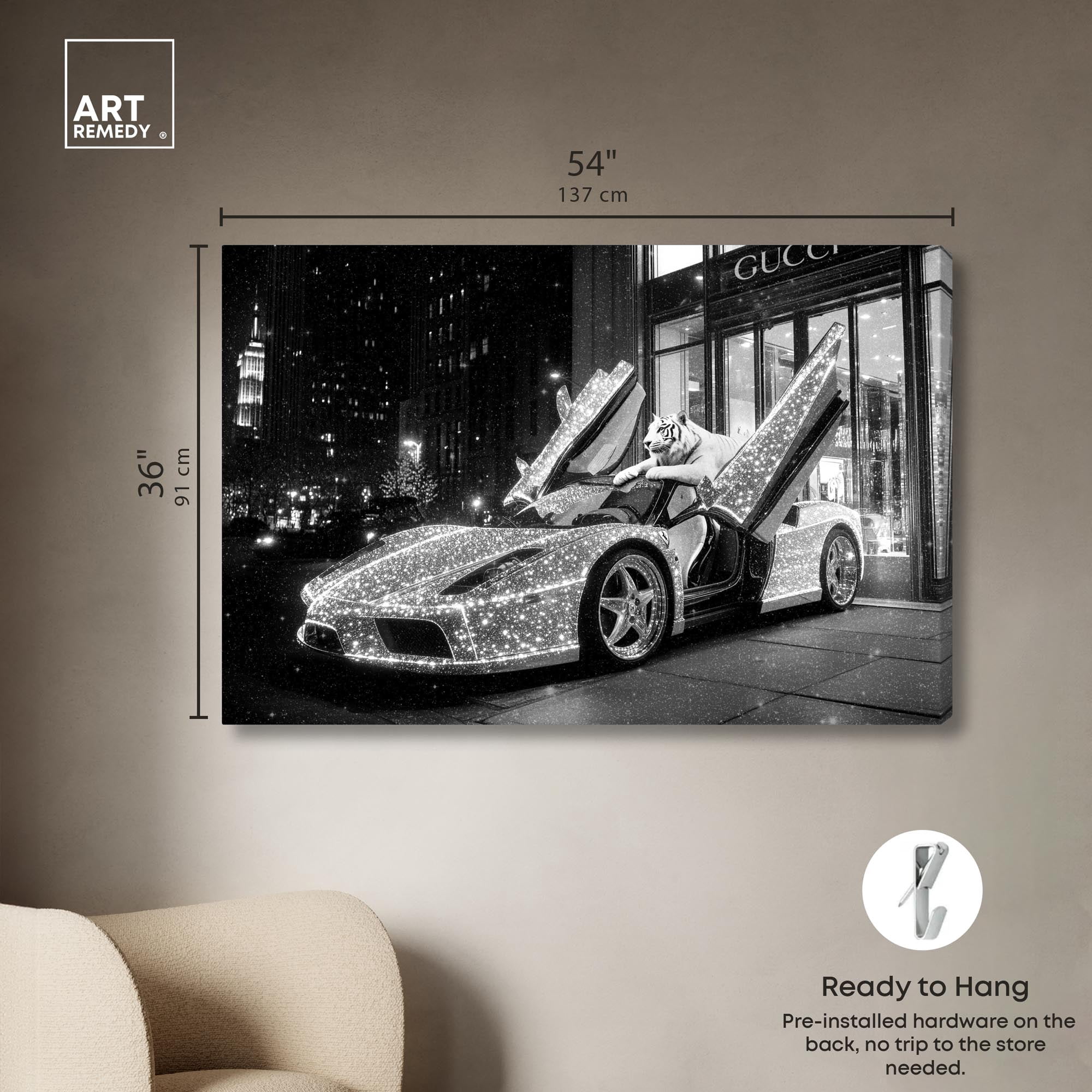 Glistening Tiger and Car Canvas Luxury Cars Prints by Art Remedy, Gallery Wrapped, 54 x 36
