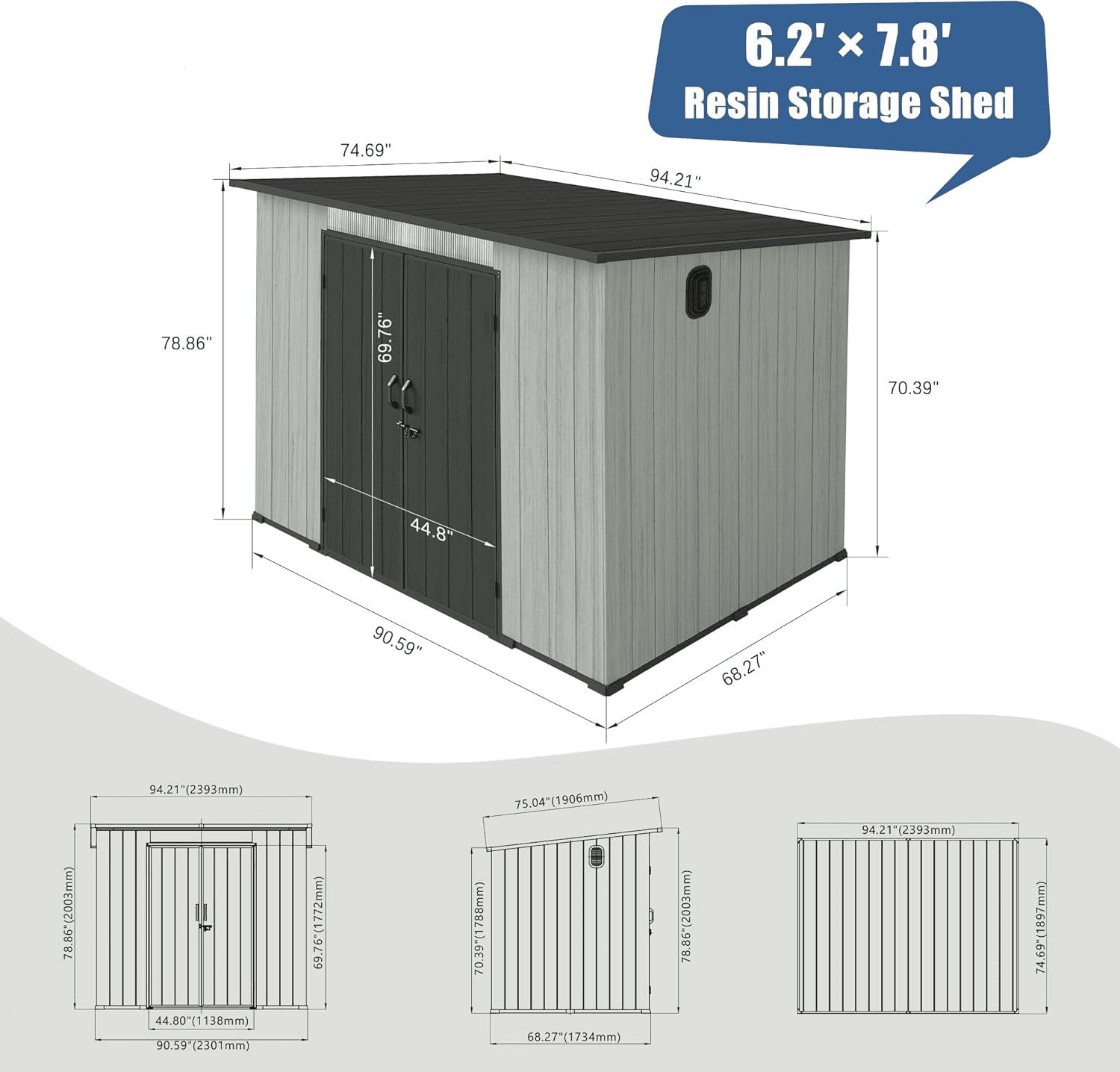 BACKYARD BEAUTIFUL 6 x 8 FT Resin Storage Shed, Waterproof Plastic Tool Shed with Windows, Vents, Lockable Double Doors, Sloped Roof for Garden, Patio, Backyard, Gray
