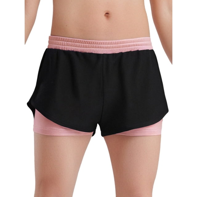 TTAO Kids Girls Double-Layer Athletic Shorts Elastic Waist Contrasting Bottoms for Exercise & Running Pink 12