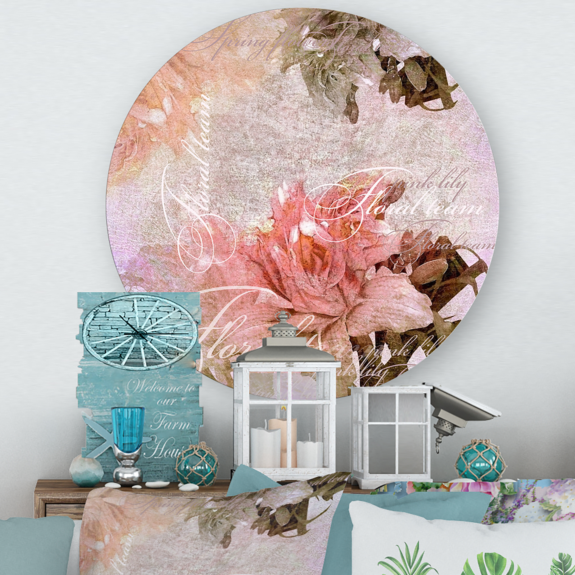 Designart 'Flowers Vintage In Pastel Colours' Traditional Circle Metal Wall Art 23x23 - Disc of 23