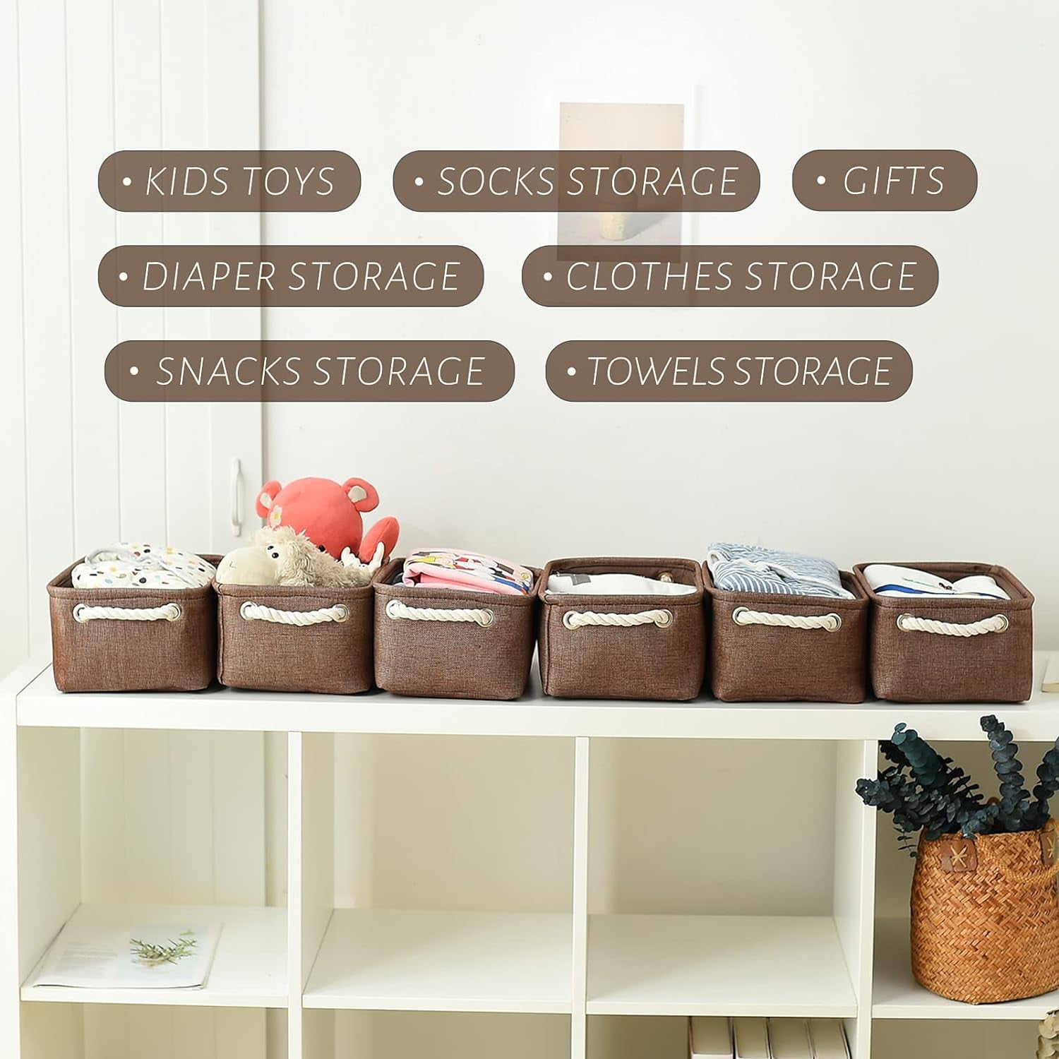 Tegance Small Storage Baskets for Shelves, Storage Cube Organizer, Storage Bins, 12 x 8 x 5 Inches, Rectangle Canvas Fabric Collapsible Shelf Box with Handles, Brown