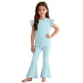 thumbnail image 4 of qucoqpe Toddler Little Girls Cute Trendy 2-Piece Outfit Set Summer Sleeveless Solid Color Soft Ruffle Sleeve Hems Flared Trousers Pleated Top and Pant Comfy Homewear Set Kids, 4 of 7