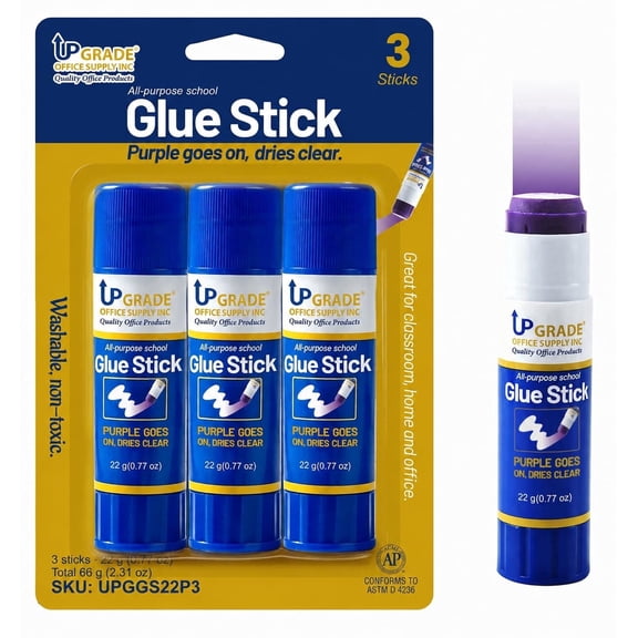 Upgrade Office Supply Acid-Free All Purpose School Glue Sticks, 22g, 3 Count, Purple Goes On Dries Clear, Washable, Non-Toxic