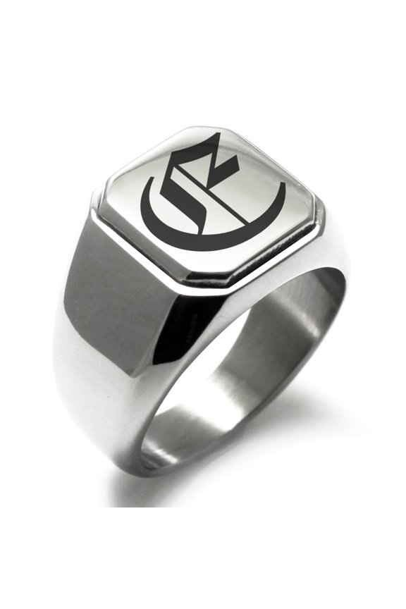 Stainless Steel Letter E Initial Old English Monogram Engraved Engraved Square Flat Top Biker Style Polished Signet Ring