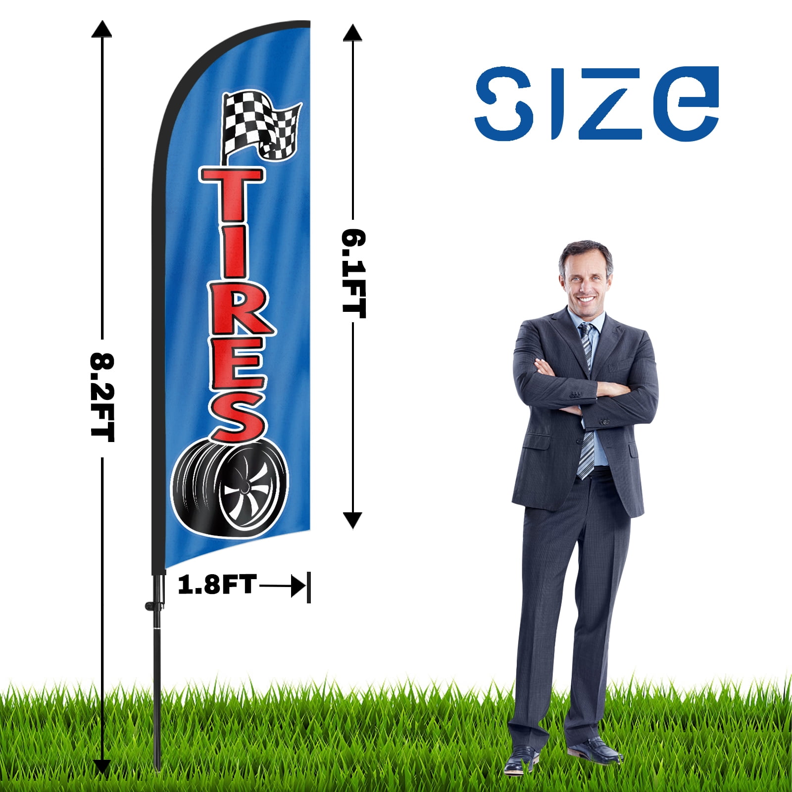 QSUM Tires Feather Flag with Flag Pole Kit and Ground Spike, 8.2FT Tires Windless Flag Banner Sign Business for Outdoor Advertising Sign Decoration Display