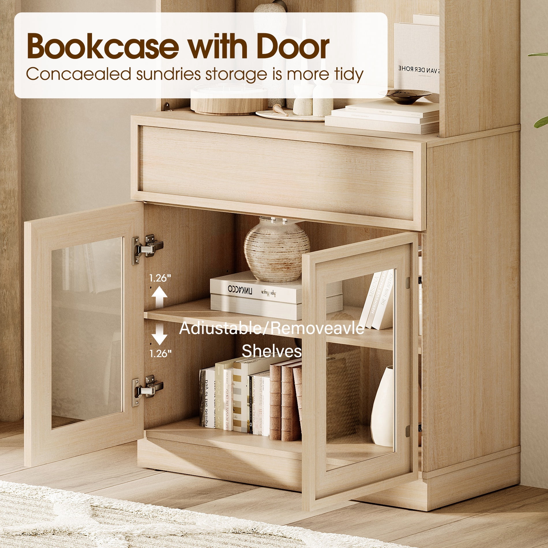 Modern 72"Tall Sideboard, Wood Buffet Display Cabinet with Glass Doors, Drawers and Adjustable Shelves, Multi-Layer Storage Console for Dining Room,Living Room,Entryway,Beige
