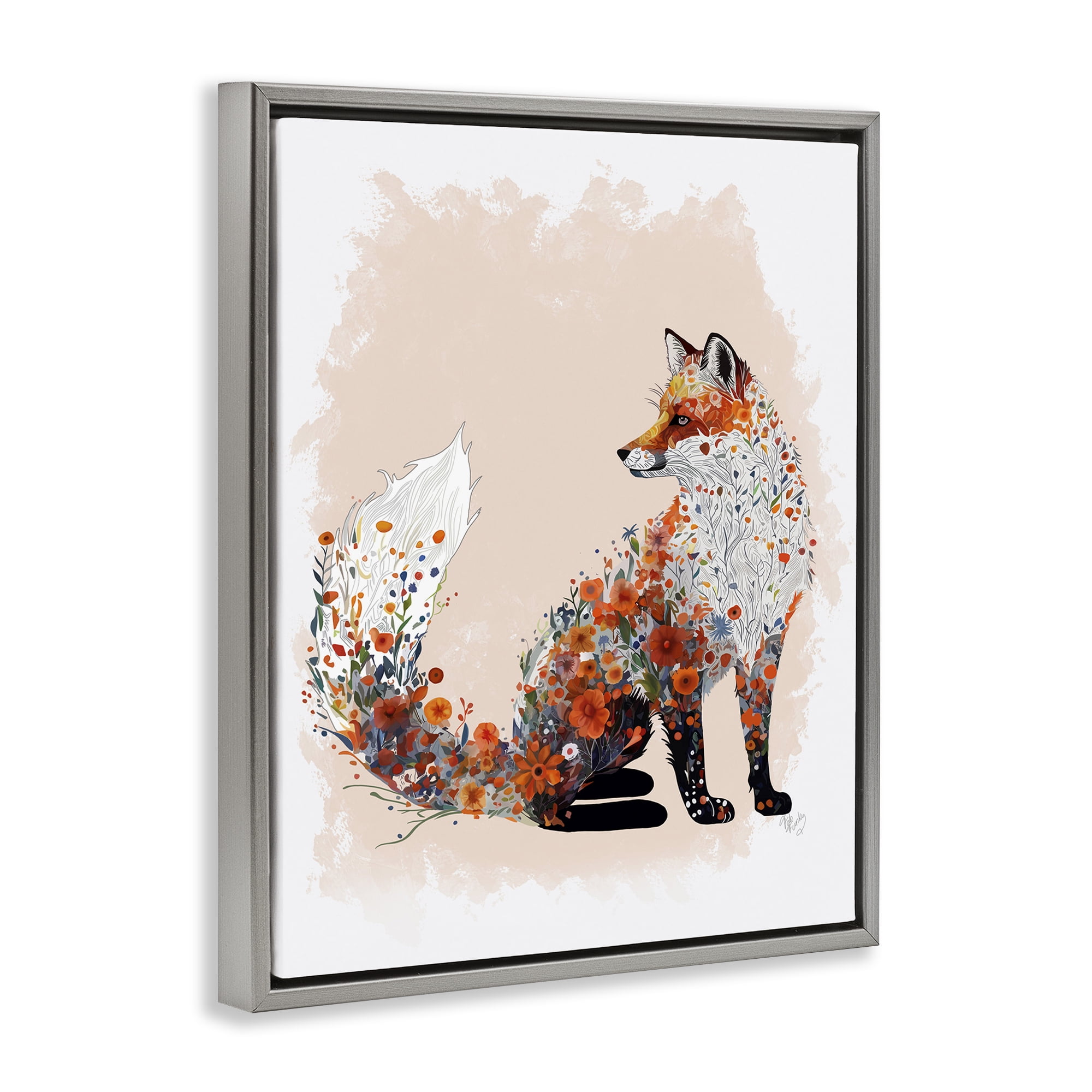 Stupell Industries Wildflower Patterned Fox Animals & Insects Painting Gray Floater Framed Canvas Art Print Wall Art, 17 x 21