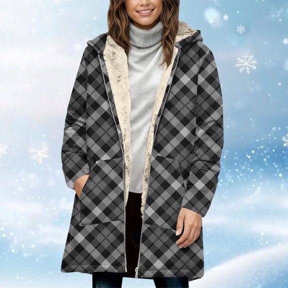 ClodeEU Women's Long Sleeve Hooded Plaid Print Jacket,Zip Fleece Lined Top Coat,Casual Jacket with Pockets Dark Gray,Womens Plus M