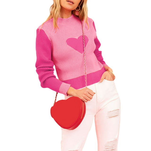 FOCUSNORM Women's Spring Autumn Knit Sweater Turtleneck Long Sleeve Heart Print Contrast Color Knitwear